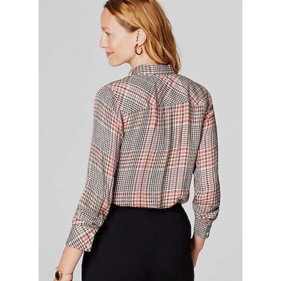 J.Jill Top Womens X Small Petite Pink Tea Rose Plaid Ruffled Button Front Blouse - Picture 3 of 10